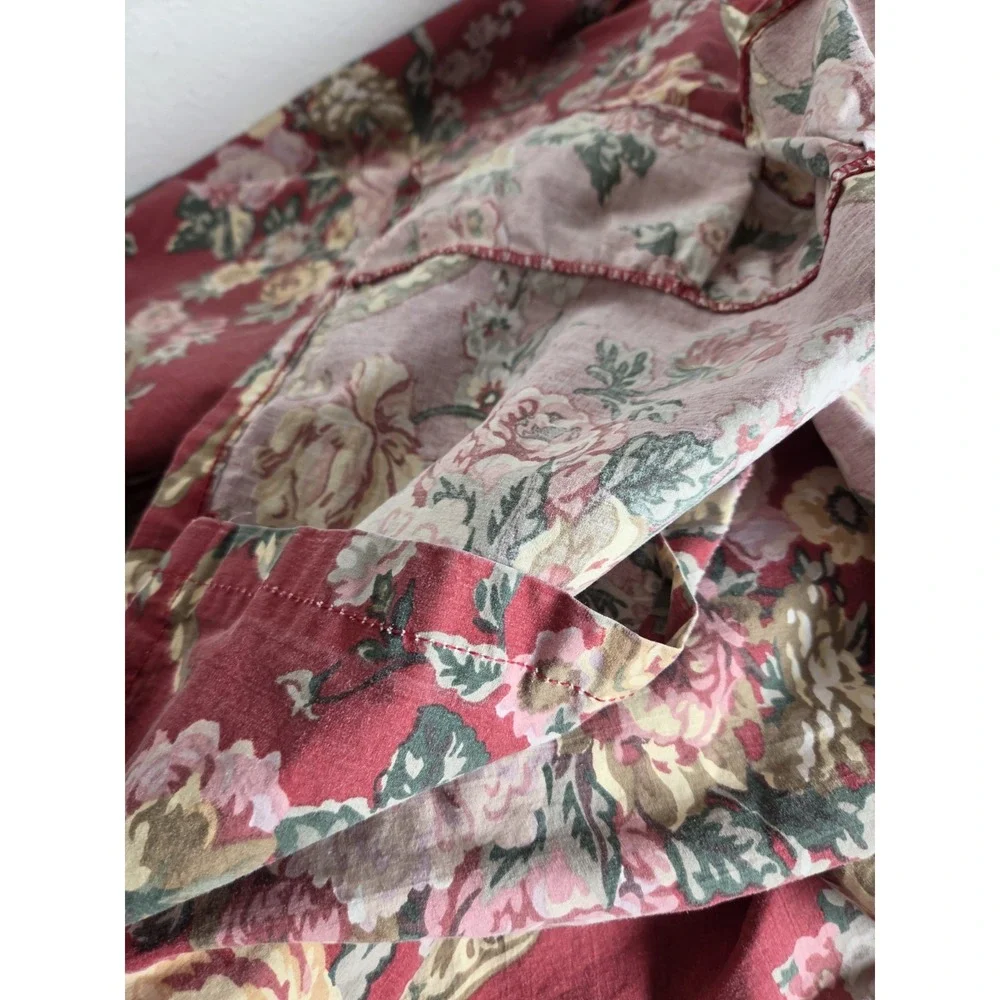Vtg Ralph Lauren Marseilles Danielle Queen Red Floral Ruffled Flat Sheet